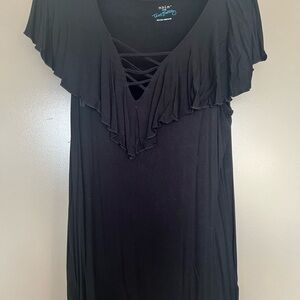 Essentials Black Ruffle-Trim Jersey Top with Crisscross V-Neck